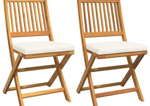 Scaune de grădină pliabile, 2 buc. perne albe lemn masiv acacia - 2/5