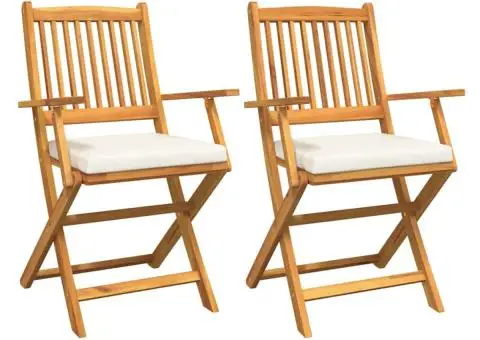 Scaune de grădină pliabile, 2 buc. perne albe lemn masiv acacia - 2/5