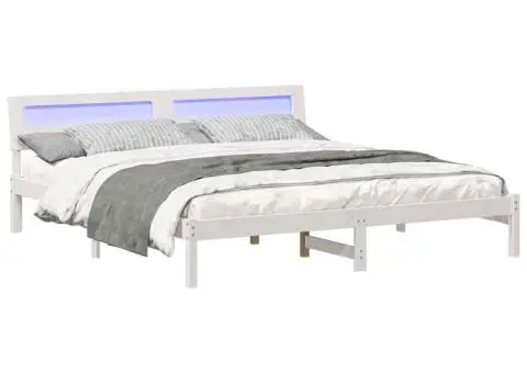 Cadru de pat cu lumini cu bandă LED cu headboard Alb 200 x 200 cm lemn - 3/5