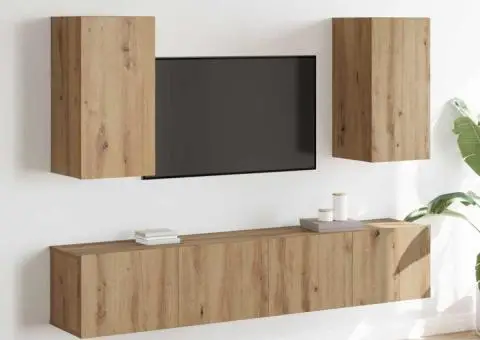 Set de 4 piese pentru cabinet TV , montat pe perete, din lemn artisanal - 1/5