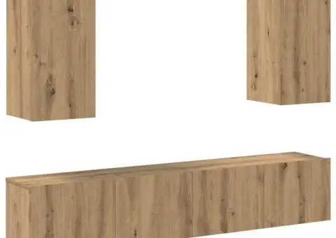 Set de 4 piese pentru cabinet TV , montat pe perete, din lemn artisanal - 2/5