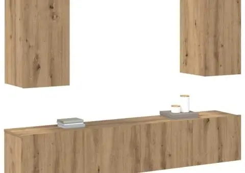 Set de 4 piese pentru cabinet TV , montat pe perete, din lemn artisanal - 3/5