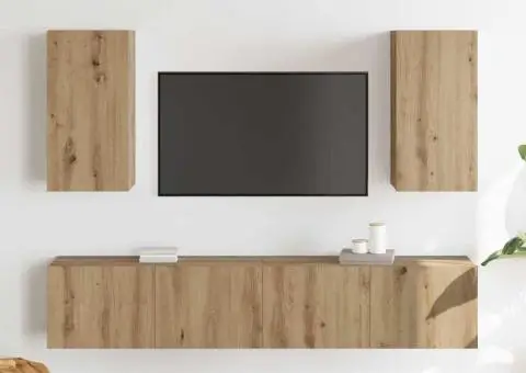Set de 4 piese pentru cabinet TV , montat pe perete, din lemn artisanal - 4/5