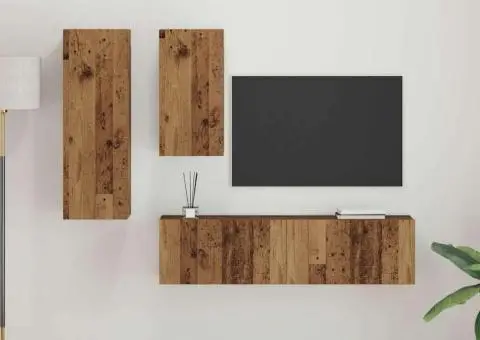 Set comodă TV cu raft Pe perete cu depozitare cu ușă 4 pcs Lemn vechi 30.5 x 30 x 90 cm - 1/5
