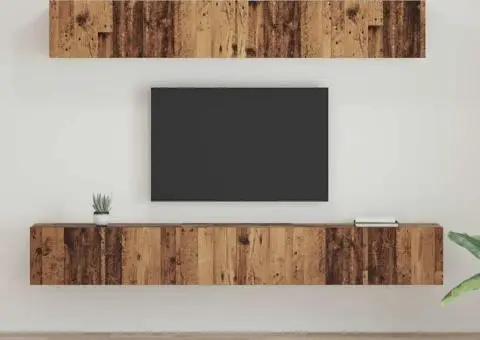 Set dulap TV cu raft Pe perete cu depozitare cu ușă 5 pcs Lemn vechi Mediu Lemn compozit - 1/5