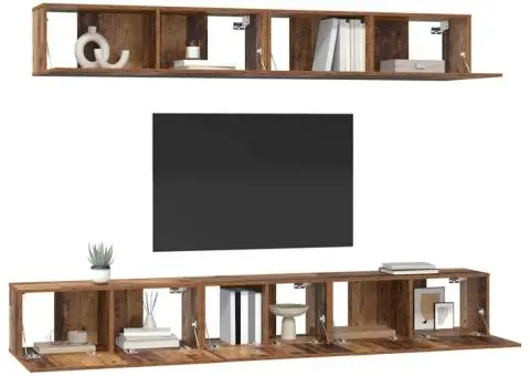 Set dulap TV cu raft Pe perete cu depozitare cu ușă 5 pcs Lemn vechi Mediu Lemn compozit - 3/5
