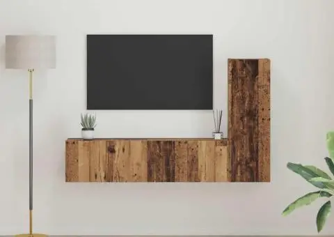 Set comodă TV cu raft Pe perete cu depozitare cu ușă 3 pcs Lemn vechi 150.5 x 30 x 90 cm - 1/5