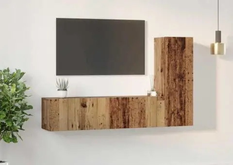 Set comodă TV cu raft Pe perete cu depozitare cu ușă 3 pcs Lemn vechi 150.5 x 30 x 90 cm - 4/5