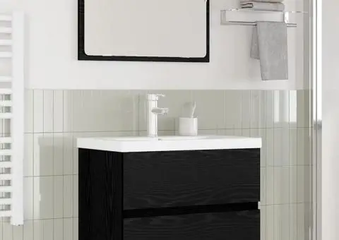 Set de mobilier pentru baie cu depozitare cu oglindă 3 pcs Stejar negru - 1/5