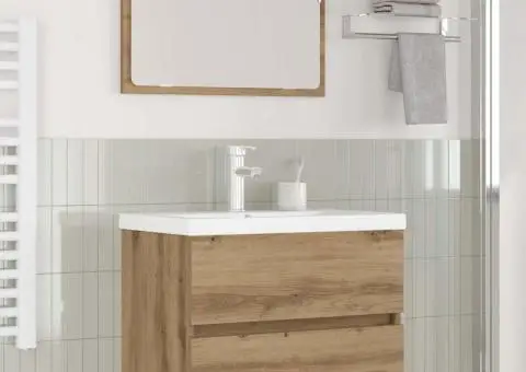 Set de mobilier pentru baie cu depozitare cu oglindă 3 pcs Stejar negru - 1/5