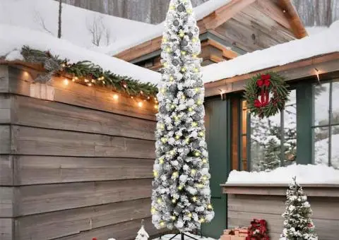 Brad de Crăciun slim cu 300 LED-uri și set de bile cu zăpadă acoperită verde 240 cm - 1/5