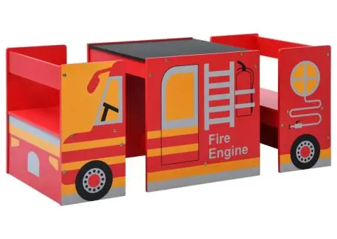 Set masă și scaune copii, 3 piese, mașină de pompieri, lemn - 2/5