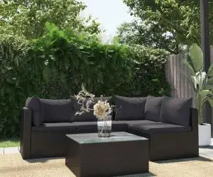 vidaXL Set mobilier de grădină cu perne, 5 piese, negru, poliratan