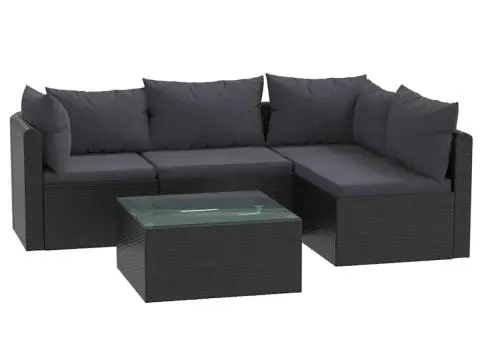 Set mobilier de grădină cu perne, 5 piese, negru, poliratan - 2/5