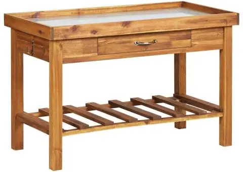 Banc de lucru de grădină, blat din zinc, lemn masiv de acacia - 1/5