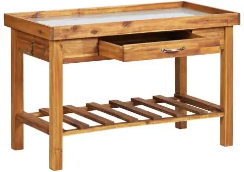 Banc de lucru de grădină, blat din zinc, lemn masiv de acacia - 3/5