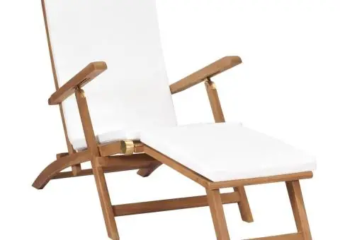 Șezlong cu pernă, alb crem, lemn masiv de tec - 1/5