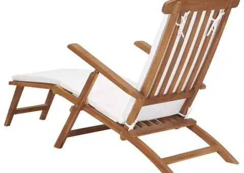 Șezlong cu pernă, alb crem, lemn masiv de tec - 5/5