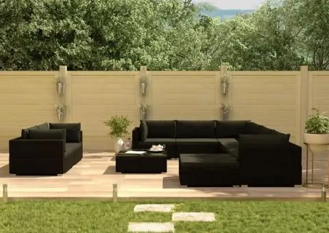 Set mobilier de grădină cu perne, 10 piese, negru, poliratan - 1/5