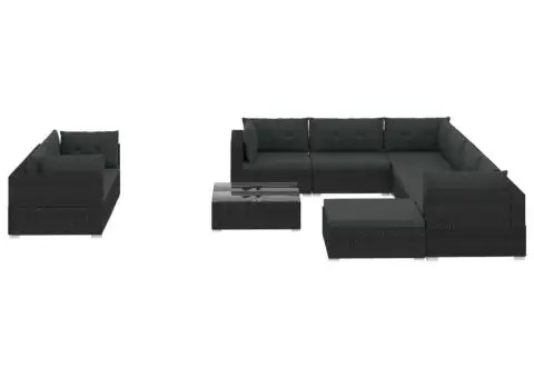 Set mobilier de grădină cu perne, 10 piese, negru, poliratan - 2/5