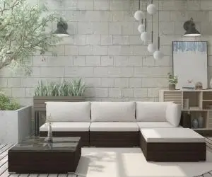 vidaXL Set mobilier de grădină cu perne, 5 piese, maro, poliratan