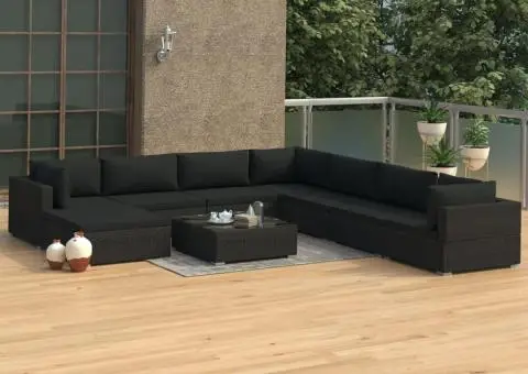 Set mobilier de grădină cu perne, 9 piese, negru, poliratan - 1/5