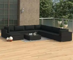 vidaXL Set mobilier de grădină cu perne, 9 piese, negru, poliratan
