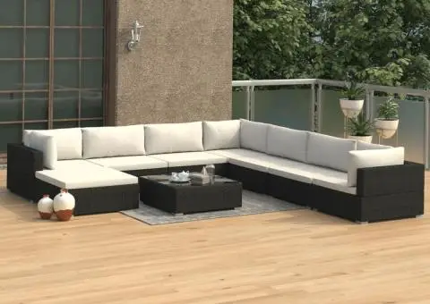 Set mobilier de grădină cu perne, 9 piese, negru, poliratan - 1/5