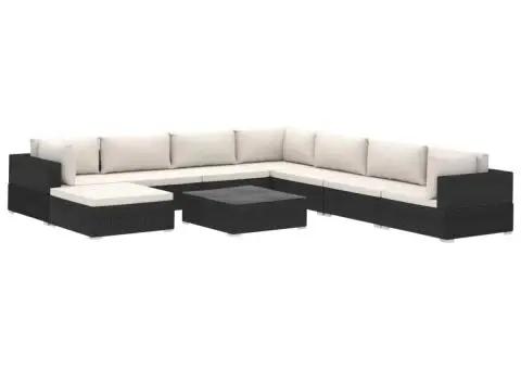 Set mobilier de grădină cu perne, 9 piese, negru, poliratan - 2/5