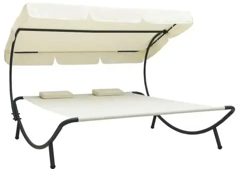 Pat șezlong de exterior cu baldachin și perne, alb crem - 1/5