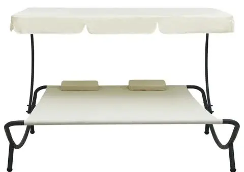 Pat șezlong de exterior cu baldachin și perne, alb crem - 2/5