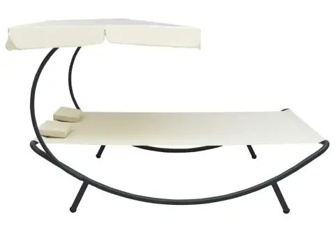 Pat șezlong de exterior cu baldachin și perne, alb crem - 3/5