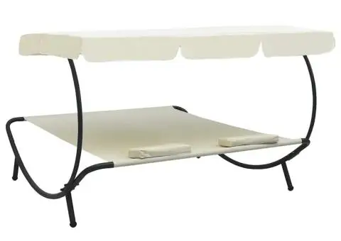 Pat șezlong de exterior cu baldachin și perne, alb crem - 4/5