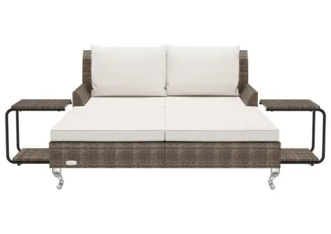 Pat de grădină pentru 2 persoane, cu perne, maro, poliratan - 3/5