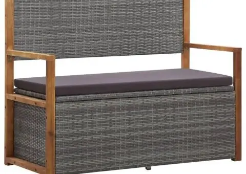 Bancă de depozitare, gri, 115 cm, poliratan și lemn de acacia - 1/5