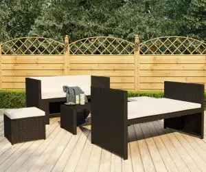 vidaXL Set mobilier de grădină cu perne, 5 piese, negru, poliratan