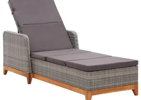 Șezlong, gri, poliratan și lemn masiv de acacia - 1/5