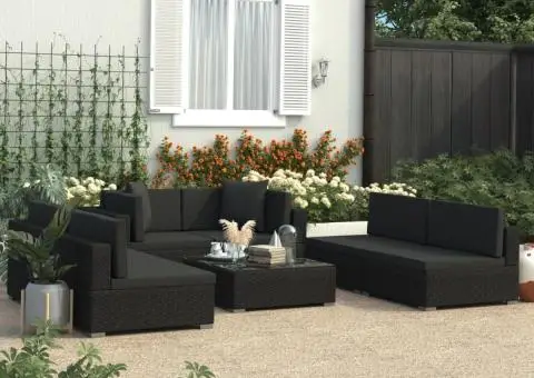 Set mobilier de grădină cu perne, 7 piese, negru, poliratan - 1/5