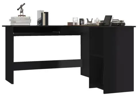 Birou de colț în formă de L negru extralucios 120x140x75 cm PAL - 3/5