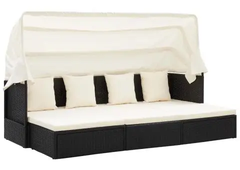 Pat șezlong de grădină cu acoperiș, negru, poliratan - 1/5