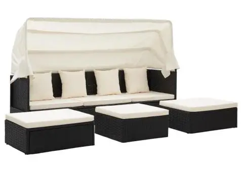 Pat șezlong de grădină cu acoperiș, negru, poliratan - 2/5