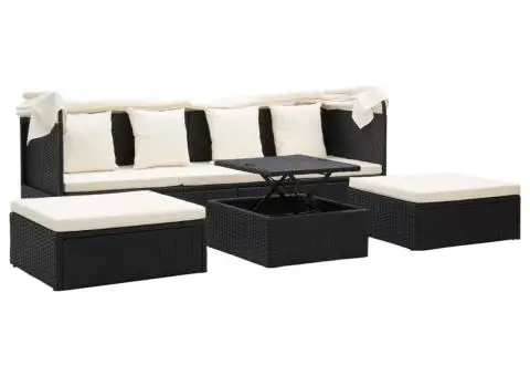 Pat șezlong de grădină cu acoperiș, negru, poliratan - 3/5