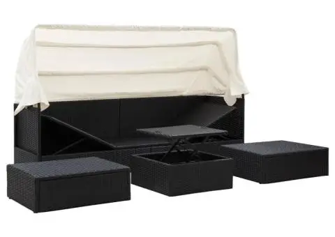 Pat șezlong de grădină cu acoperiș, negru, poliratan - 4/5