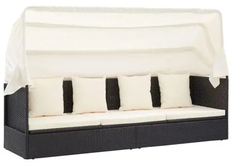 Pat șezlong de grădină cu acoperiș, negru, poliratan - 5/5