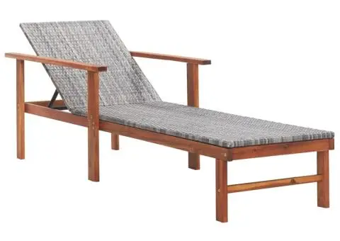 Șezlong, gri, poliratan și lemn masiv de acacia - 1/5