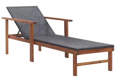 Șezlong, negru, poliratan și lemn masiv de acacia - 1/5