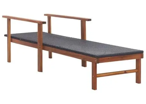 Șezlong, negru, poliratan și lemn masiv de acacia - 4/5