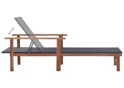 Șezlong, negru, poliratan și lemn masiv de acacia - 5/5