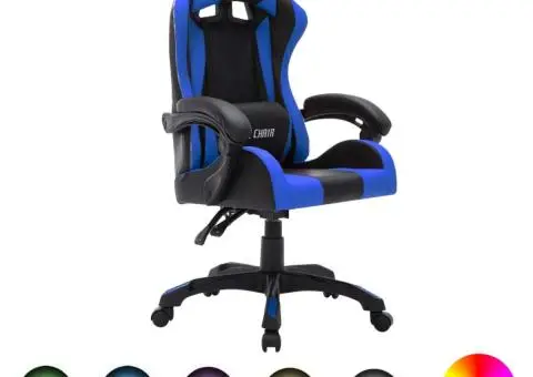 Scaun de jocuri cu LED RGB, albastru și negru, piele ecologică - 1/5
