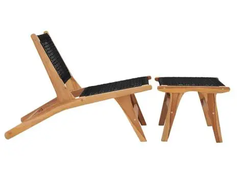 Șezlong cu taburet, lemn masiv de tec și frânghie - 2/5